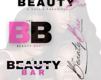 May include: Four editable logos for a beauty bar, with the text "The Beauty Bar, A Doll's Paradise" in pink and black lettering. The logos feature different styles, including a handwritten script and a bold, blocky font.