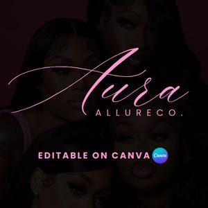 Puede incluir: Un logotipo rosa con el texto "Aura Allureco." El logotipo está sobre un fondo oscuro con imágenes de rostros de mujeres. El texto "Editable on Canva" también es visible en la imagen.