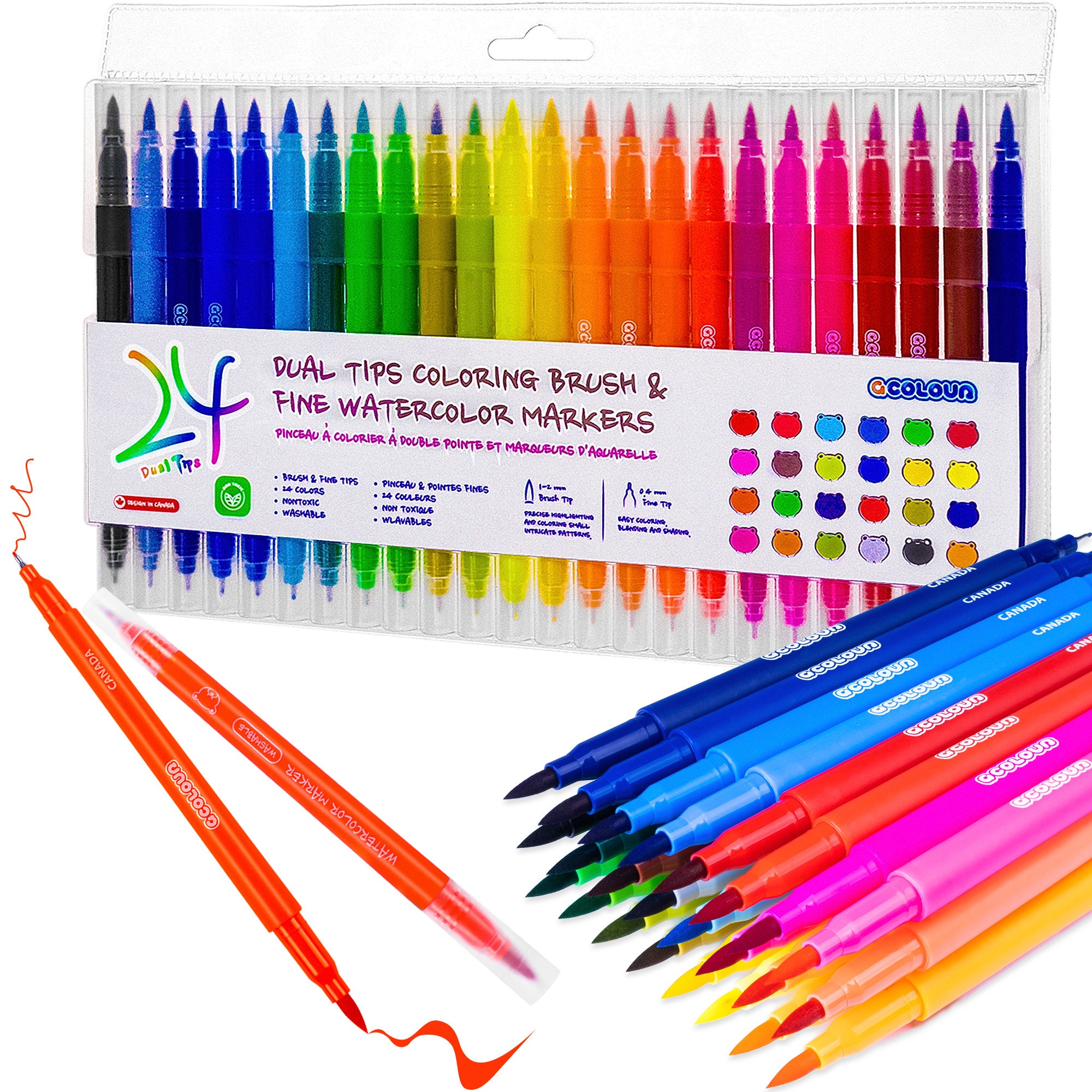 24 Colors Kids' Watercolor Pen Set, Washable Dual-tip Water Based