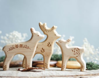 Wooden deer figurine set (3 pcs) - Fawn wooden figurine -  Forest animals figurines set - Wooden figurine nursery decor - Made in the U.S.A