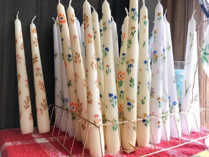 Set of 2 Hand Painted Taper Candles , Floral Taper Candles , Flower Candle, Table Decor image 2