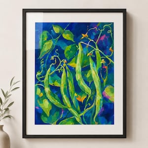 May include: A framed wall art print featuring a vibrant painting of green bean pods and leaves against a deep blue background. The artwork uses expressive brushstrokes in shades of lime, emerald, and dark blue to depict the climbing plant.