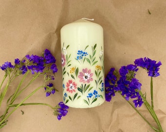 Hand painted floral Pillar Candles , Flower Candle, Table Decor.