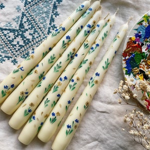 Set of 2 Hand Painted Taper Candles , Floral Taper Candles , Flower Candle, Table Decor image 1