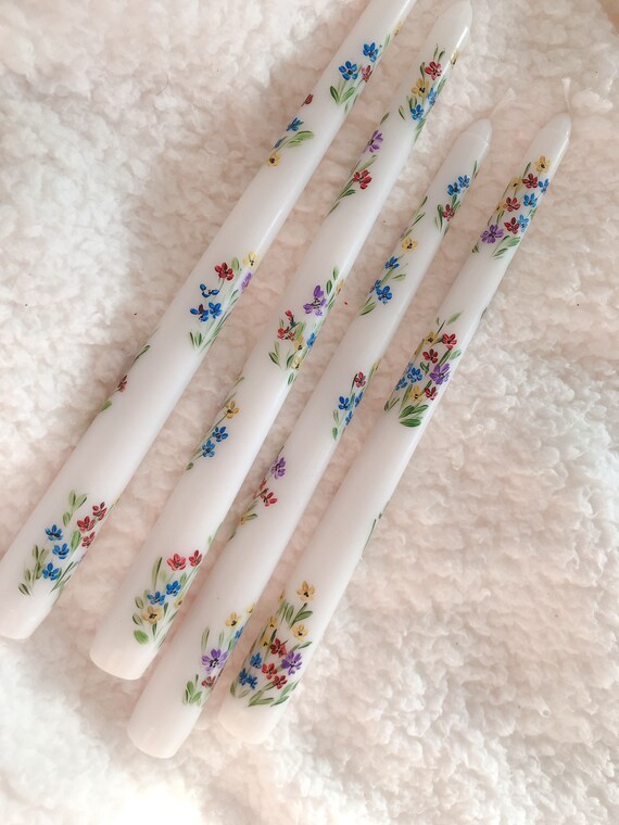 Set of 2 Hand Painted Taper Candles Floral Taper Candles Etsy