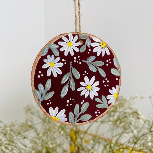 Hand Painted Wooden Slice ornaments 3" with drawstring bag, Flowers Ornaments , Handpainted Christmas Ornament