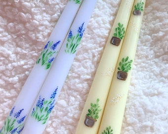 Set of 2 Hand Painted Taper Candles , Floral Taper Candles , Flower Candle, Table Decor