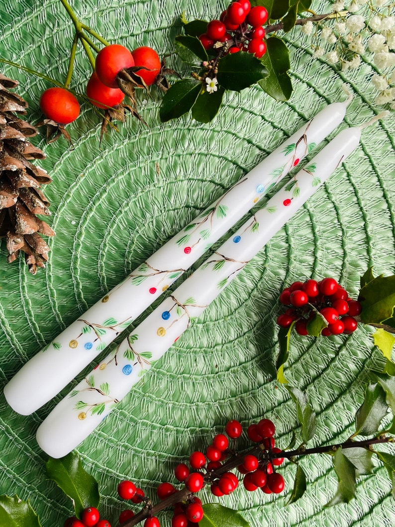 Set of 2 Hand Painted Christmas Candles, Christmas Candlestick, Taper