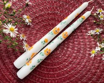 Set of 2 Hand Painted Taper Candles , Floral Taper Candles , Flower Candle, Table Decor
