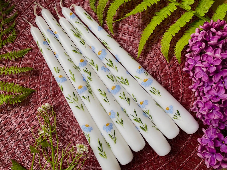 Set of 2 Hand Painted Blue Daisies Taper Candles , Floral Taper Candles , Flower Candle, Table Decor