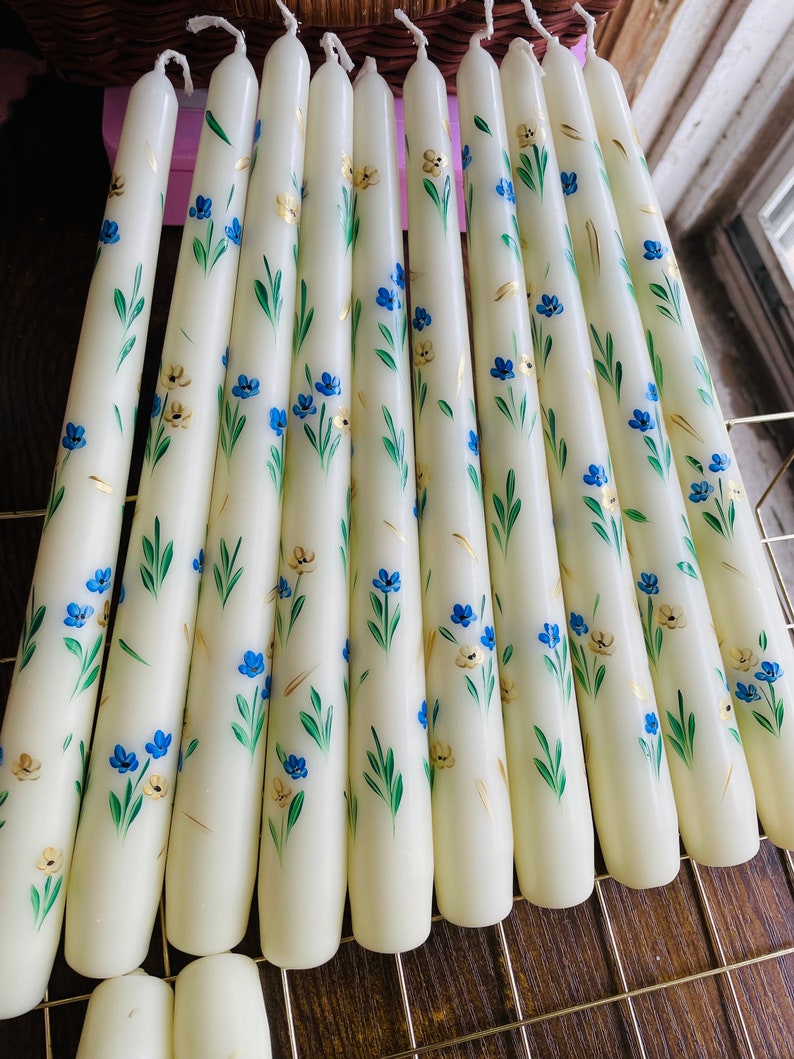 Set of 2 Hand Painted Taper Candles , Floral Taper Candles , Flower Candle, Table Decor image 3