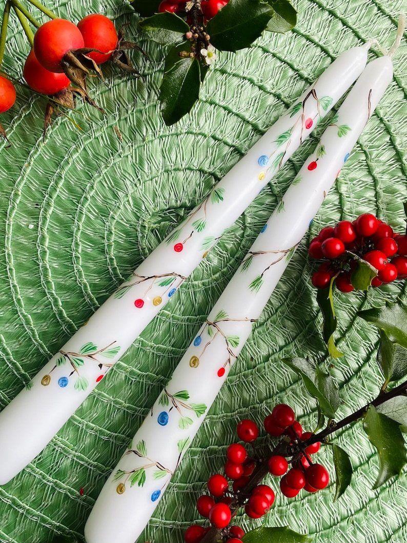 Set of 2 Hand Painted Christmas Candles, Christmas Candlestick, Taper