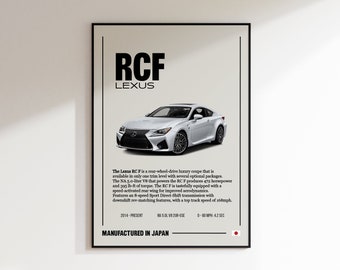 May include: A framed poster featuring a silver Lexus RCF coupe. The poster includes the text "RCF LEXUS" at the top, with specifications and the text "MANUFACTURED IN JAPAN" at the bottom. The car is shown in a studio setting.