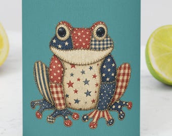 4. Juli Faux Patchwork Frosch Dosenkühler Retro Frosch Dosenhülle Vaterländischer Americana Faux Patchwork Frosch Getränkekühler Geschenk zum Unabhängigkeitstag Geschenk