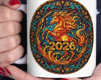 2026 Year Of The Fire Horse Mug Stained Glass Style Coffee Cup Chinese New Year Mug Gift Lunar New Year 2026 Spring Festival Gift Zodiac