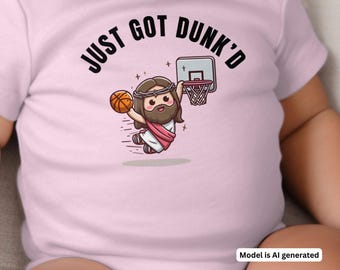 Mono personalizado con texto "Just Got Dunked" para bautizo, divertido body personalizado para bebé, regalo de bautizo, divertido regalo para baby shower, regalos de bautizo con texto "Just Got Dunked"