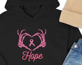 Cancer Support Hoodie, Hope Pink Ribbon In Skeleton Heart Hands, Breast Cancer Awareness Shirt, Pink Halloween For Cancer