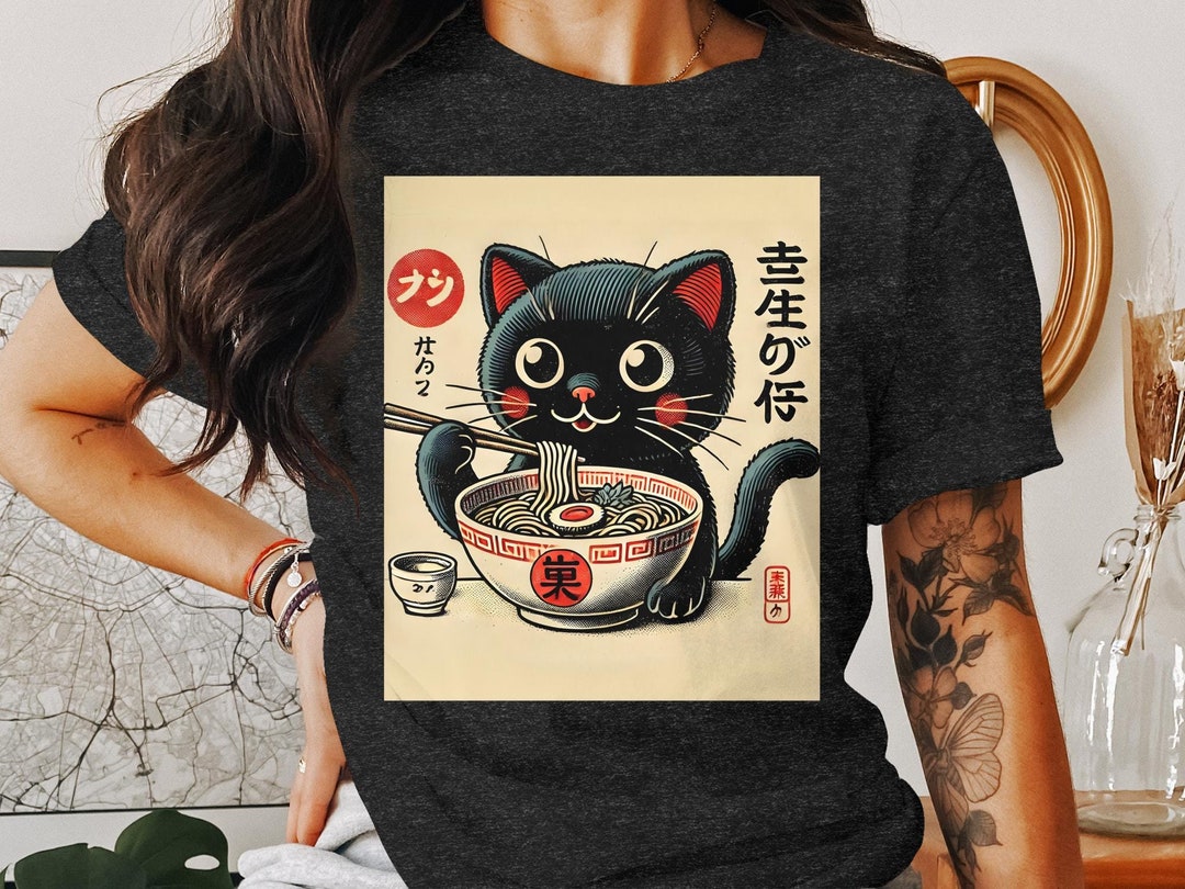 Funny Cat Ramen T Shirt Retro Vintage Japanese Cat Shirt Cute Kawaii ...