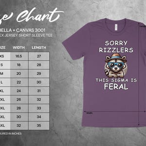 May include: Purple unisex short sleeve tee with a raccoon graphic wearing sunglasses and a hat. Text reads "SORRY RIZZLERS THIS SIGMA IS FERAL". Size chart shows measurements in inches.