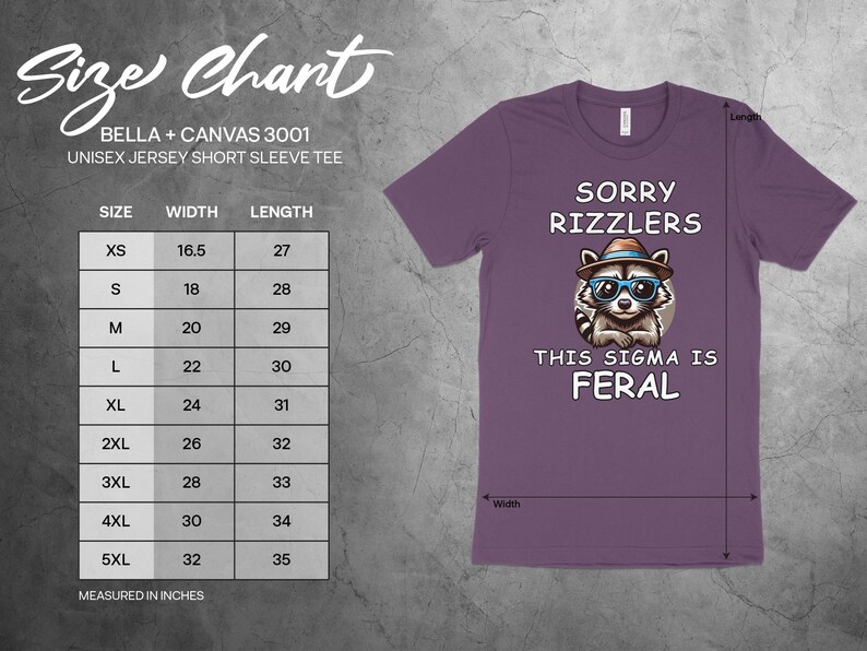 May include: Purple unisex short sleeve tee with a raccoon graphic wearing sunglasses and a hat. Text reads "SORRY RIZZLERS THIS SIGMA IS FERAL". Size chart shows measurements in inches.