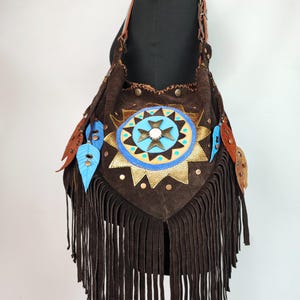 Boho Fringe Leather Shoulder Bag with Tribal Sun Mandala – Handmade Festival Crossbody