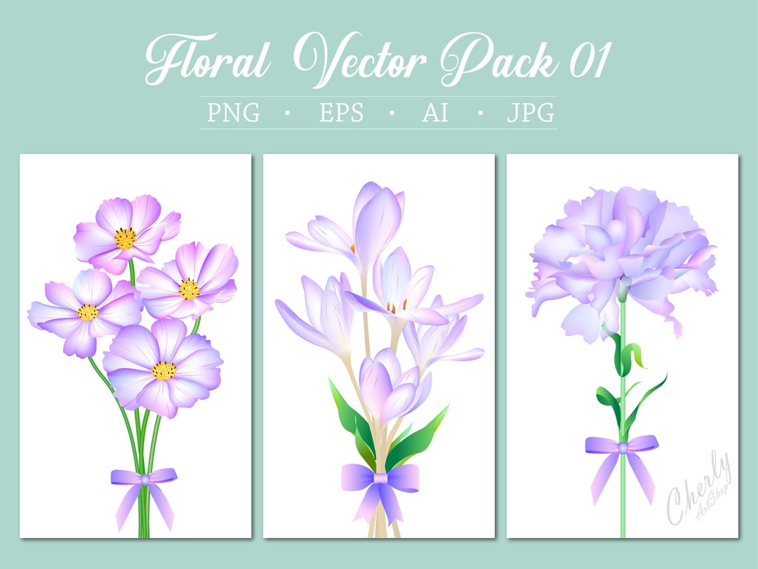 Floral Vector Pack 01 - Purple Flowers Bouquet Clipart, Decorative Gift ...