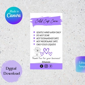 Editable Cold Cup Care Instructions Card Template, Cup Care, Cold Cup Instant Instructions