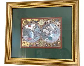 Vintage Framed Foil Lithograph Print Map of the World, Wall Decor