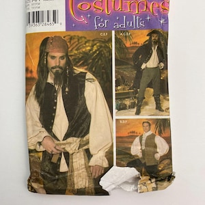 May include: Simplicity costume pattern for adults, featuring a pirate costume design. The pattern includes images of the costume on a model, with the text "Costumes for adults" in a purple and gold design.