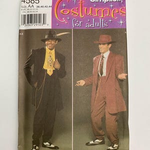 May include: Simplicity costume pattern for adults. The pattern features two men's suits, one pinstriped and one solid, with hats and accessories. The pattern number is 4585, with sizes AA 38, 40, 42, and 44.