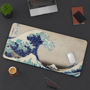 The Great Wave Off Kanagawa Desk Mat, Gaming Office Japanese Art Desk Pad, Ocean Extra Large Desk Protector, XXL Gamer Desk Pad, Wrist Rest