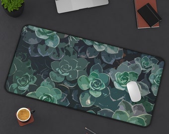 Green Succulent Desk Mat, Botanical Gaming Office Pad
