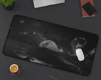 Monochrome Moon & Stars Desk Mat: Galaxy Space Mousepad