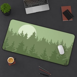 Green Forest Moon Desk Mat: Landscape Office Mouse Pad