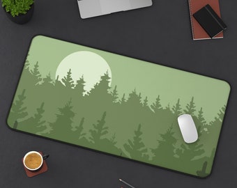 Green Forest Moon Desk Mat: Landscape Office Mouse Pad