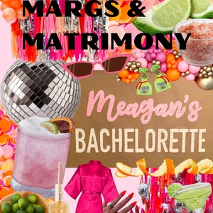 May include: A bachelorette party invitation with the text "Margs & Matrimony Megan's Bachelorette". The image features a pink and orange color scheme with various party decorations, including a disco ball, margarita glasses, limes, and a pink robe.