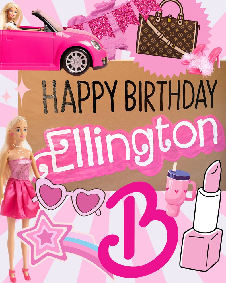 May include: A pink and white birthday card with the text "Happy Birthday Ellington" and a pink letter "B". The card is decorated with pink and white hearts, a pink star, a pink car, a pink doll, a pink lipstick, a pink cup, and a brown purse.