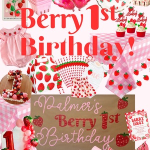 May include: A collage of images for a first birthday party with a strawberry theme. The images include a cake, balloons, decorations, and a sign that says "Palmer's Berry 1st Birthday".