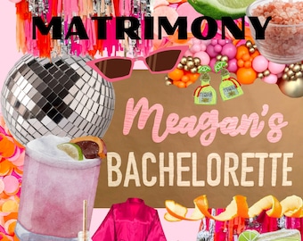May include: A bachelorette party invitation with the text "Margs & Matrimony Megan's Bachelorette". The image features a pink and orange color scheme with various party decorations, including a disco ball, margarita glasses, limes, and a pink robe.