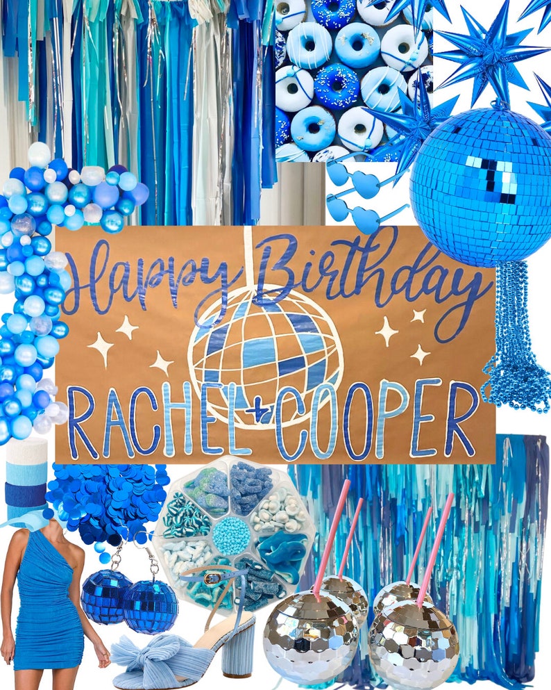 May include: A blue and silver disco ball themed birthday party decoration set. The set includes a banner that says "Happy Birthday Rachel + Cooper", blue and silver disco balls, blue streamers, blue and silver balloons, blue donuts, and blue and silver party favors.