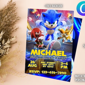 Sonic o convite do aniversário de Digitas do ouriço de <br> Entrega Rápida? Modelo Canva personalizado e editável | Convite Digital