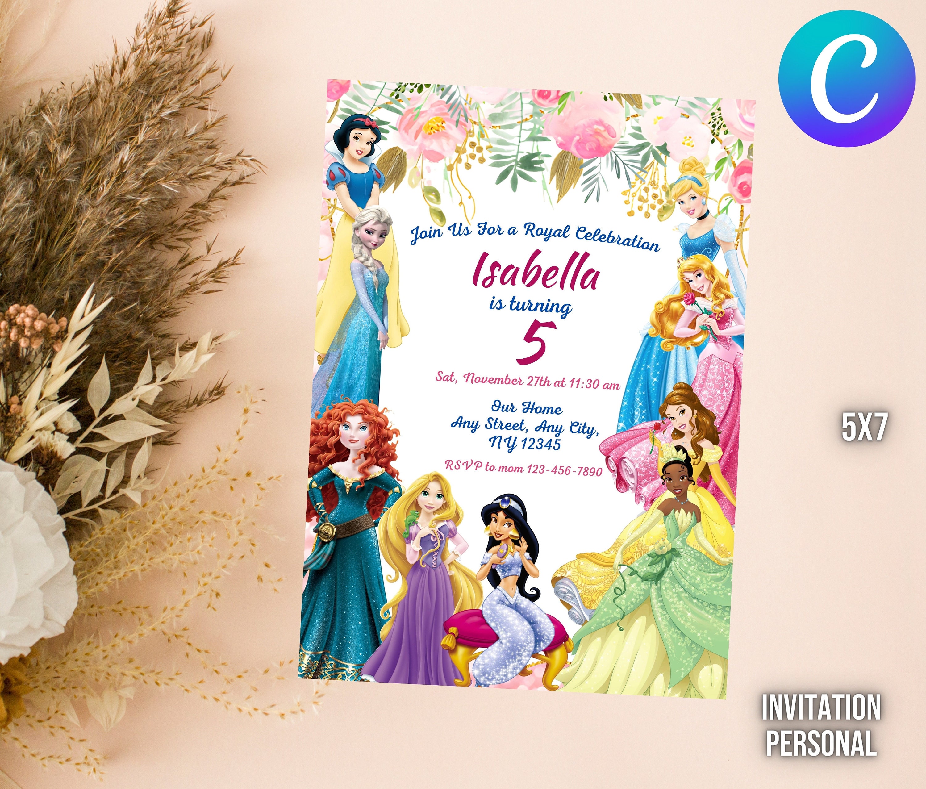 Princess Girl Birthday Invitation | Personalized and Editable Party Template | Digital Downlaod or Printed Cinderella, Ariel, Tiana
