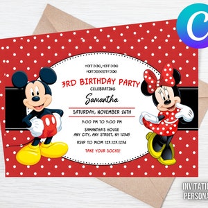 Invitation Minnie Mouse personnalisée et modifiable | Invitation fête d'anniversaire Mickey Mouse | Mickey et Minnie | Modèle numérique Oh-Toodles