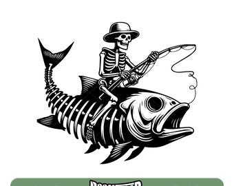 Può includere: Illustrazione in bianco e nero di uno scheletro con un cappello che pesca da un pesce scheletrico. Lo scheletro tiene una canna da pesca e una lenza. Il pesce nuota a bocca aperta.