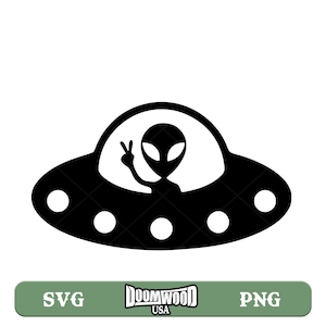 May include: Black and white silhouette of an alien in a flying saucer, giving a peace sign.