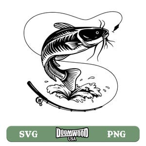 May include: Black and white illustration of a catfish jumping out of the water with a fishing rod and line. The catfish is depicted with detailed scales and fins, and the water is shown as a splash of waves.