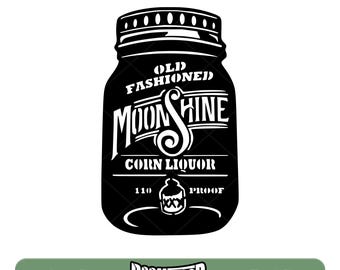 May include: Black and white illustration of a glass jar with a label that reads "Old Fashioned Moonshine Corn Liquor 110 Proof USA".
