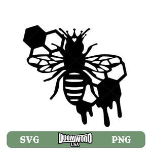 Puede incluir: Silueta en blanco y negro de una abeja con una corona en la cabeza, goteando miel de su cuerpo y un panal detrás.