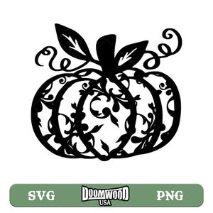 May include: Black and white silhouette of a pumpkin with intricate floral designs. The pumpkin has a stem with leaves and vines.