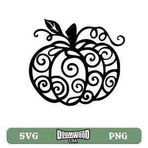 May include: Black pumpkin design with intricate swirl patterns, stem, and leaf. The image includes the text "SVG" and "PNG" on a green bar, along with the "DOOMWOOD USA" logo.